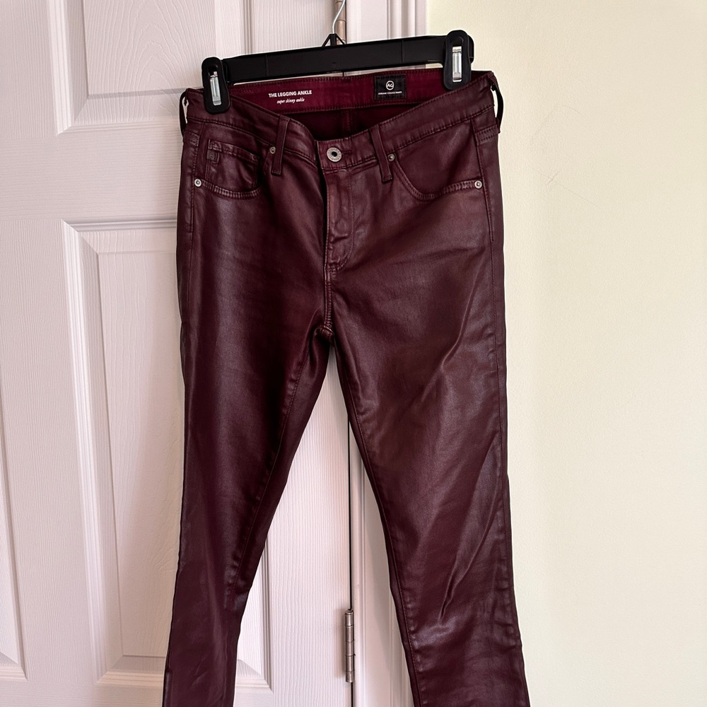 AG Super Skinny Burgundy Leather Jeans. Figure forming and super soft leather.